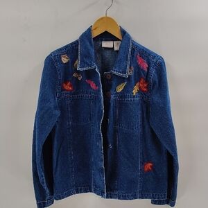 Passport Fall Leaf Themed Jean Jacket Size L Button Up Embroidery Cotton Vintage